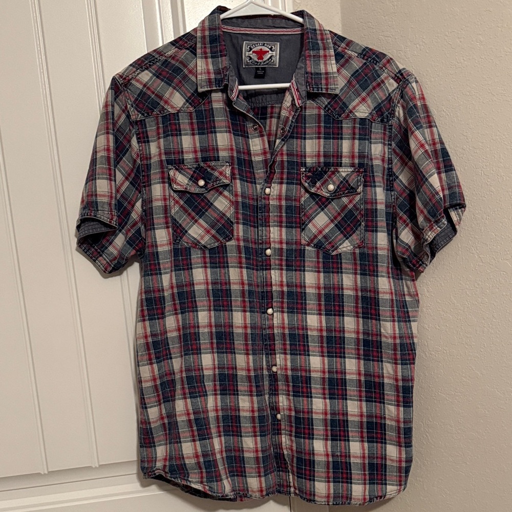 Desert Son Flag & Anthem Western Shirt Pearl snap Blue & red plaid Flannel EUC L